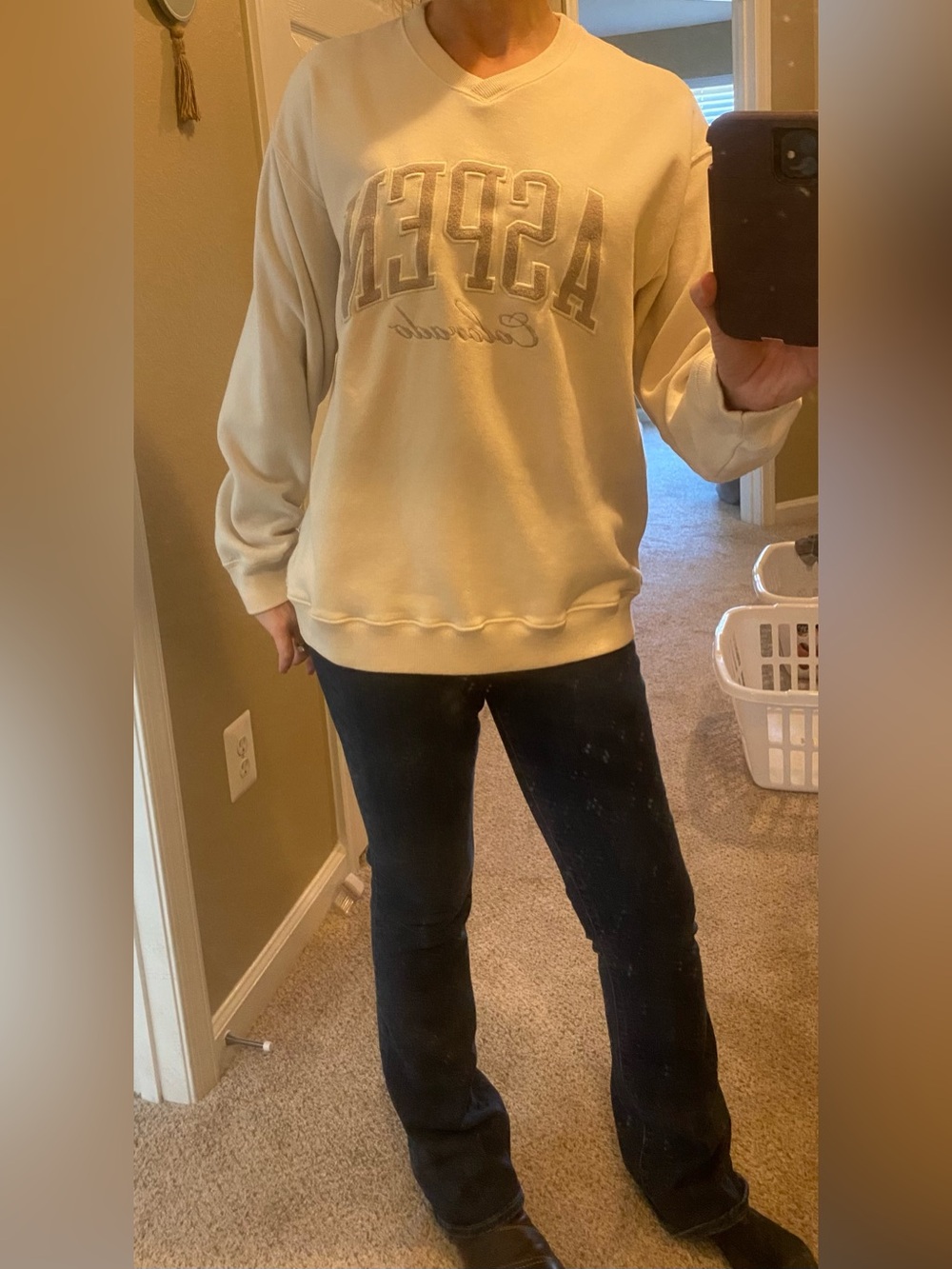 Aspen Hollister small cream embroidered crewneck sweatshirt v neck tan ivory